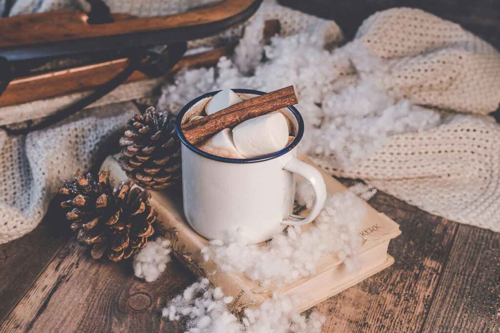 Hot chocolate with a marshmallow and cinnamon stick at the European Holiday Market.